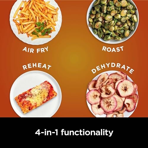 Four plates showing air fry, roast, reheat, and dehydrate functions, with fries, Brussels sprouts, pizza, and dried apples.