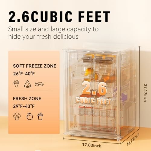 Transparent compact refrigerator with 2.6 cubic feet capacity, showing soft freeze and fresh zones.