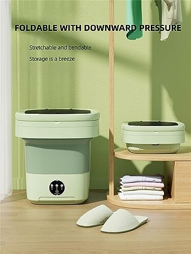 Foldable laundry basket with downward pressure feature and slippers.