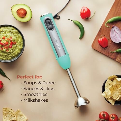 Hand blender with ingredients for soups and dips.