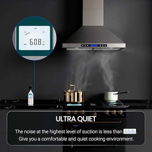 Modern kitchen hood with quiet operation feature.