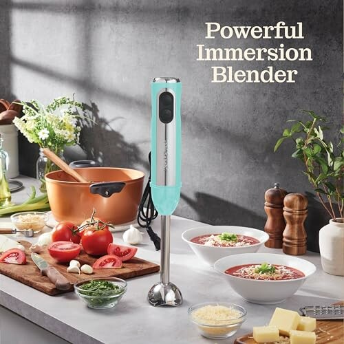 Immersion blender on kitchen counter with ingredients and soup bowls.