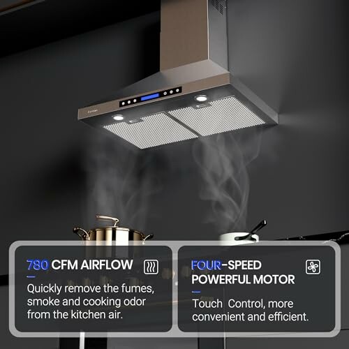 Modern kitchen range hood with digital controls and steam rising from pots.