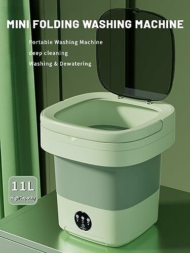 Mini folding washing machine with open lid, 11L capacity.