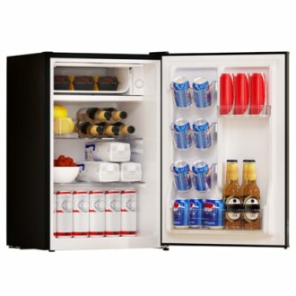 Open mini fridge filled with various beverages.