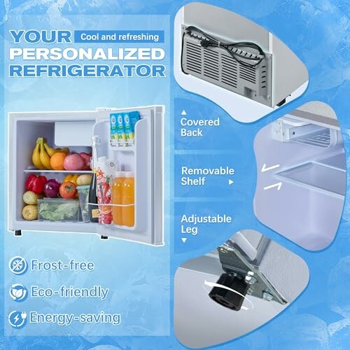 Advertisement for a personalized refrigerator with features like covered back, removable shelf, and adjustable leg.