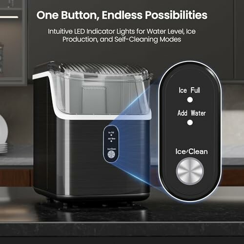 Portable ice maker with LED indicator and control button.