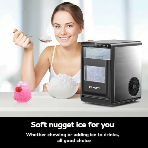 Woman enjoying ice with an Euhomy ice maker.